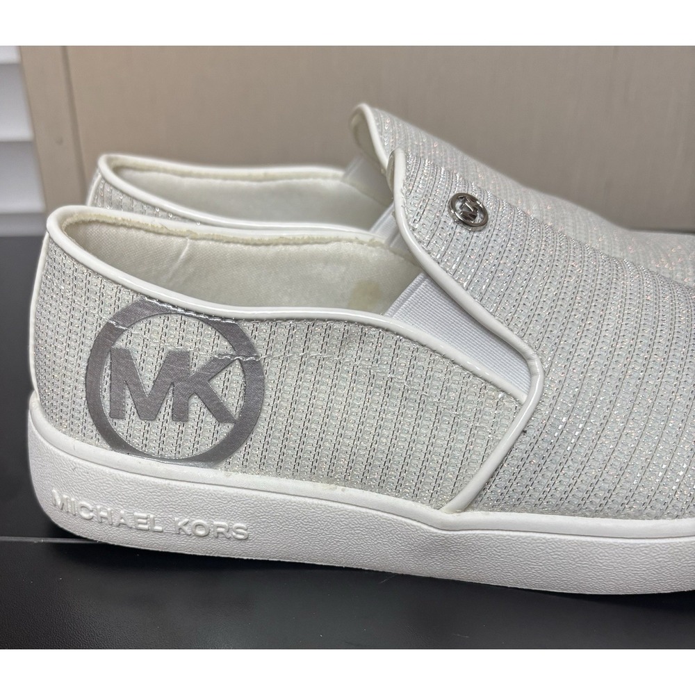 Michael Michael Kors Shoes Girls 3.5 White Silver Sparkle Slip‎ On Silver Logo - Picture 2 of 7